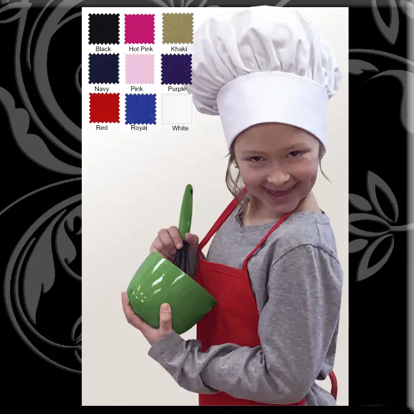 child wearing apron and chef hat holding a bowl